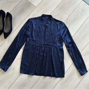 Theory Navy Glory Silk Shirt Blouse Top Size S